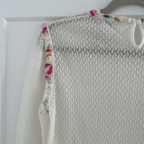 VINTAGE CHANEL 2004 White Cotton Crochet Long Sleeve Top with Silk Accents - Picture 10 of 11